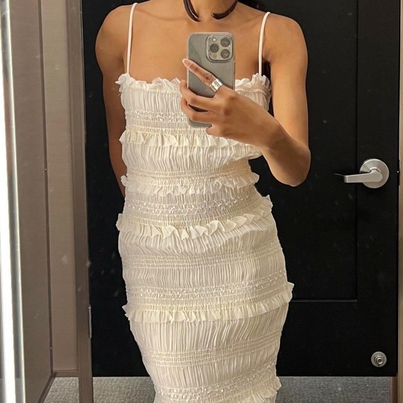 White ruched smocked midi maxi ruffle tiered dress - Picture 7 of 11